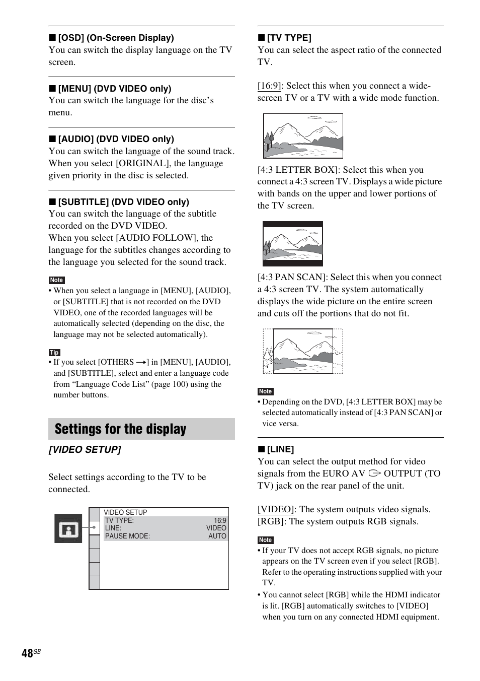 Settings for the display | Sony DAV-DZ360WA User Manual | Page 48 / 112
