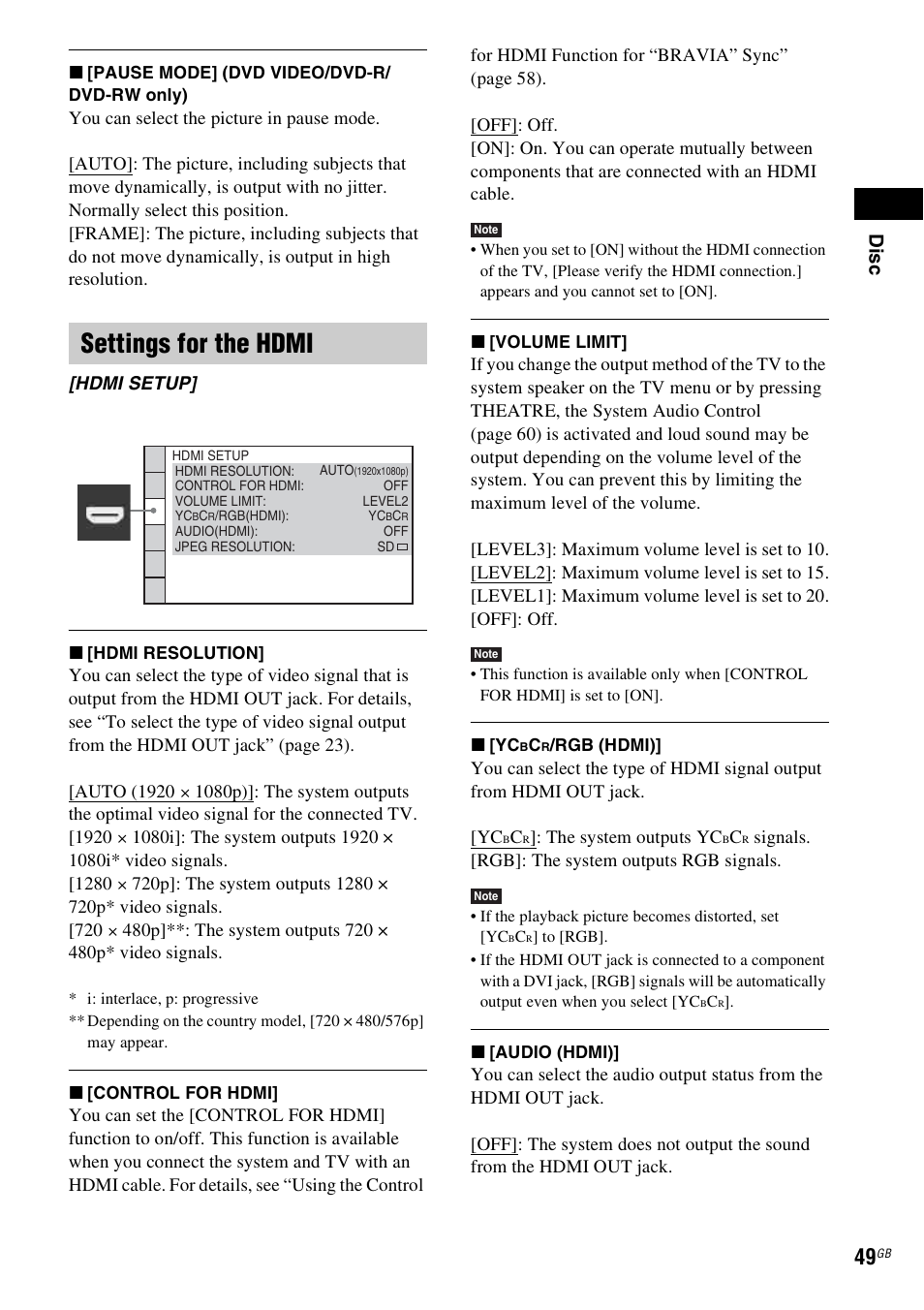 Settings for the hdmi, Dis c | Sony DAV-DZ360WA User Manual | Page 49 / 112