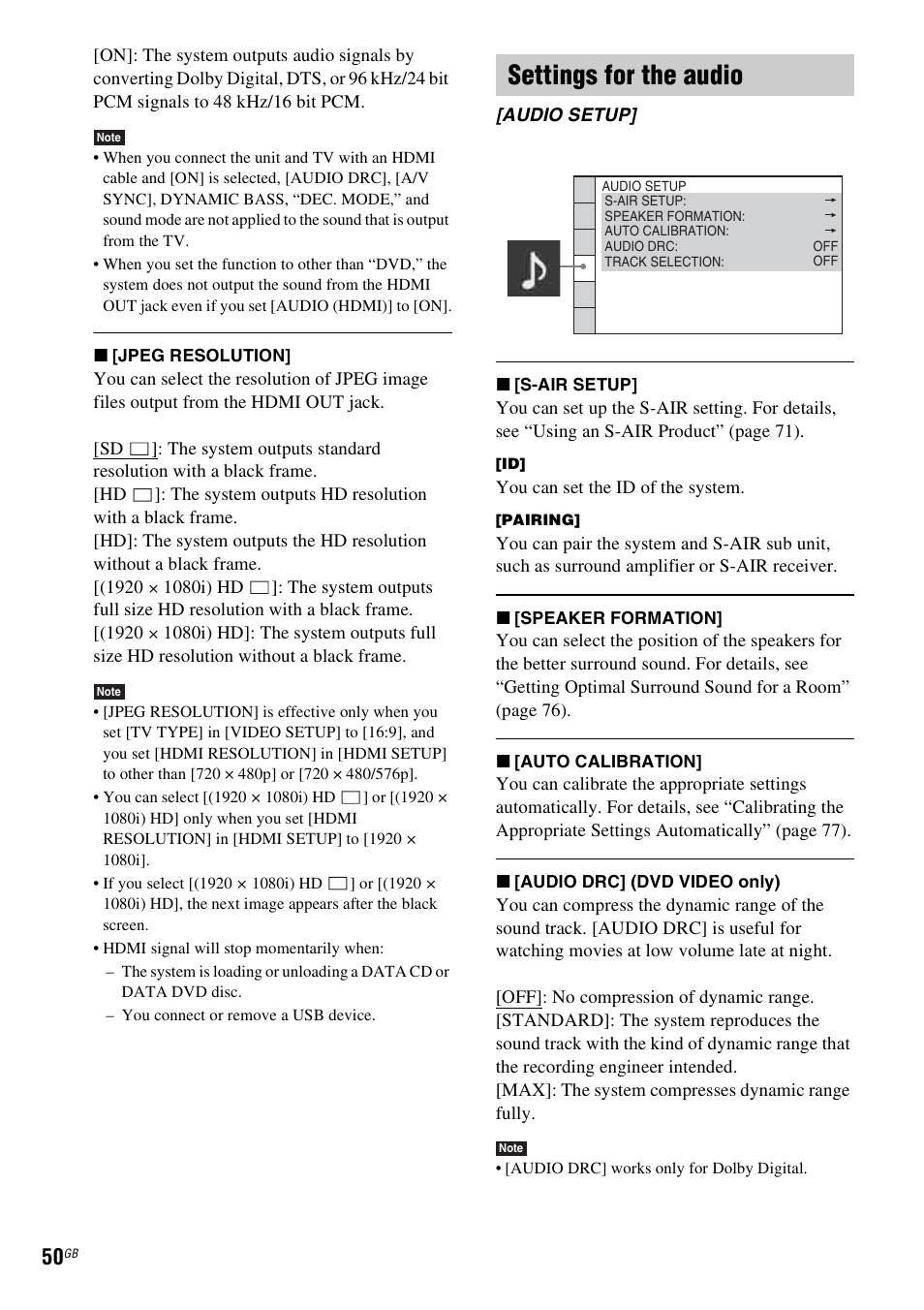 Settings for the audio | Sony DAV-DZ360WA User Manual | Page 50 / 112