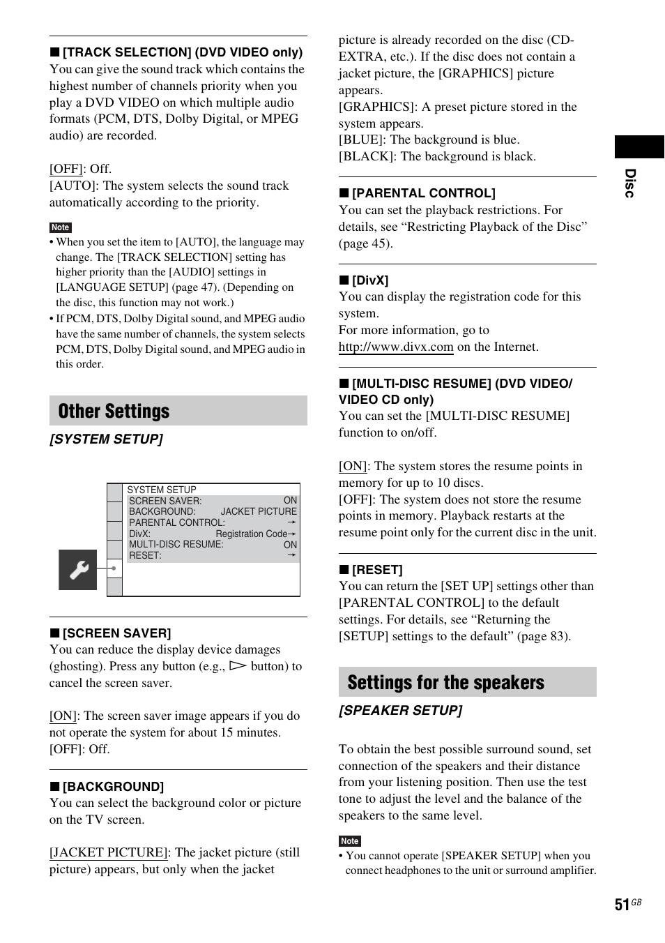 Other settings, Settings for the speakers | Sony DAV-DZ360WA User Manual | Page 51 / 112