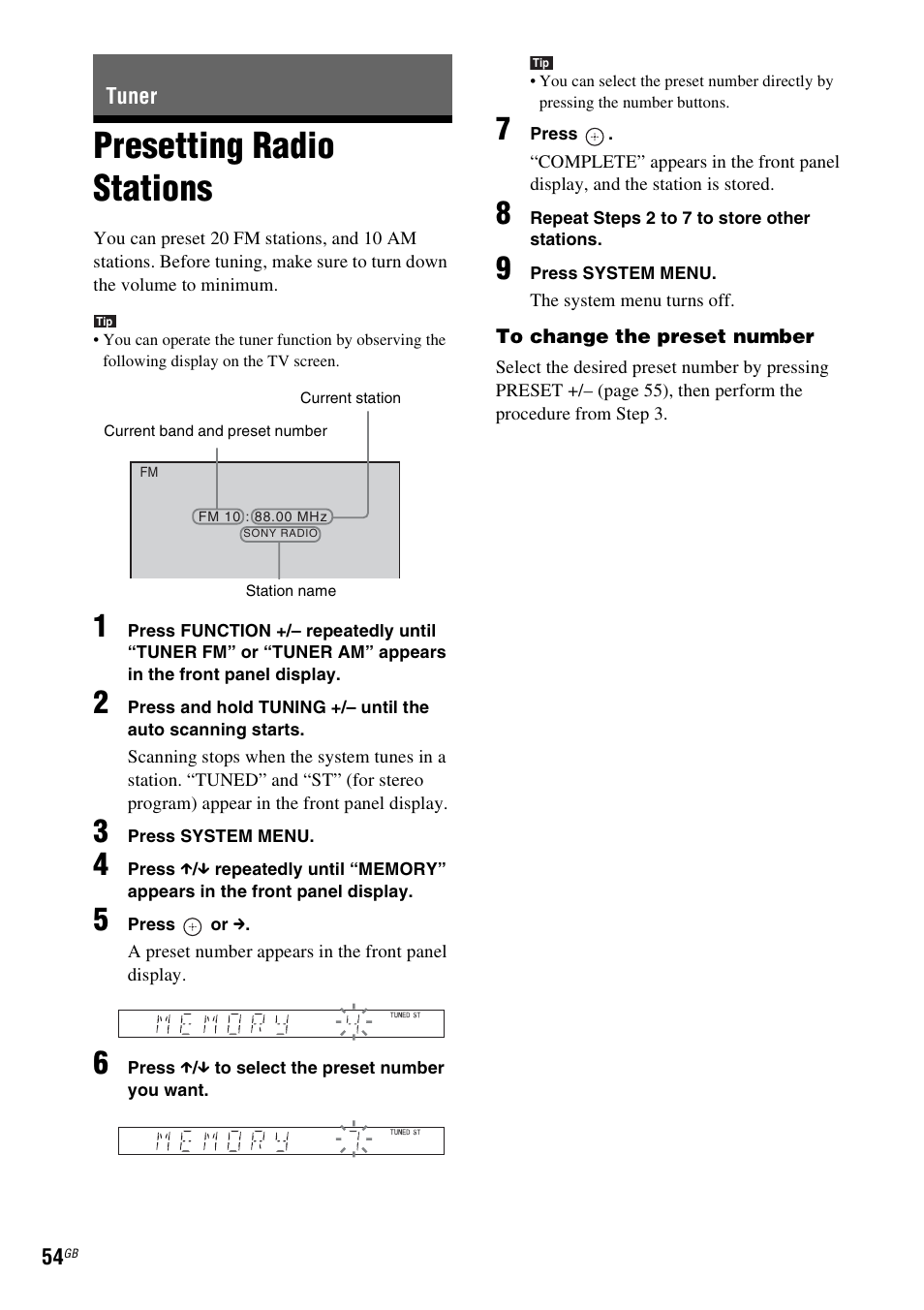 Tuner, Presetting radio stations | Sony DAV-DZ360WA User Manual | Page 54 / 112