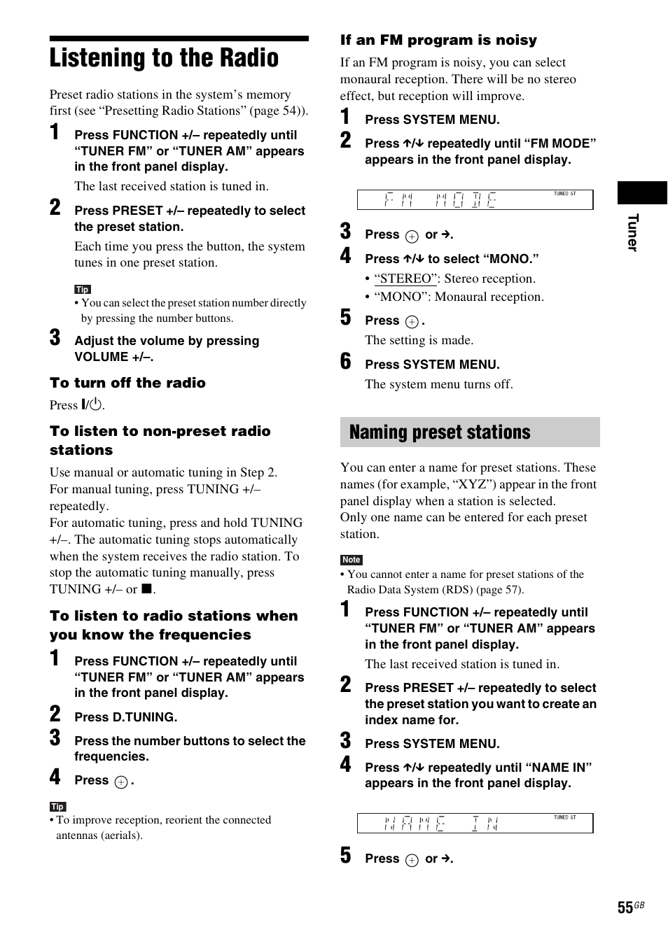 Listening to the radio, Naming preset stations | Sony DAV-DZ360WA User Manual | Page 55 / 112