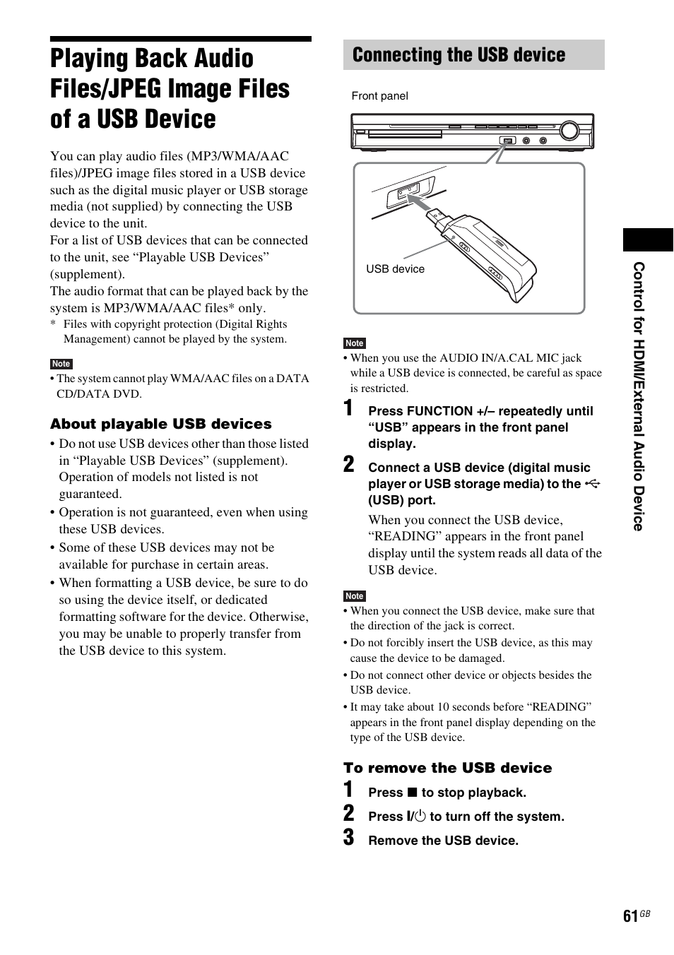 Connecting the usb device, Playing back audio files/jpeg image, Files of a usb device | Sony DAV-DZ360WA User Manual | Page 61 / 112