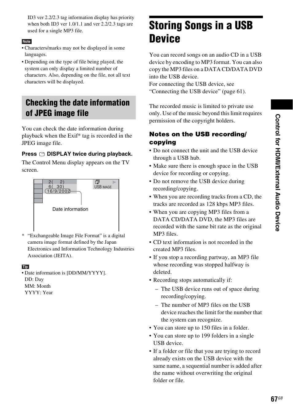 Checking the date information of jpeg image file, Storing songs in a usb device | Sony DAV-DZ360WA User Manual | Page 67 / 112