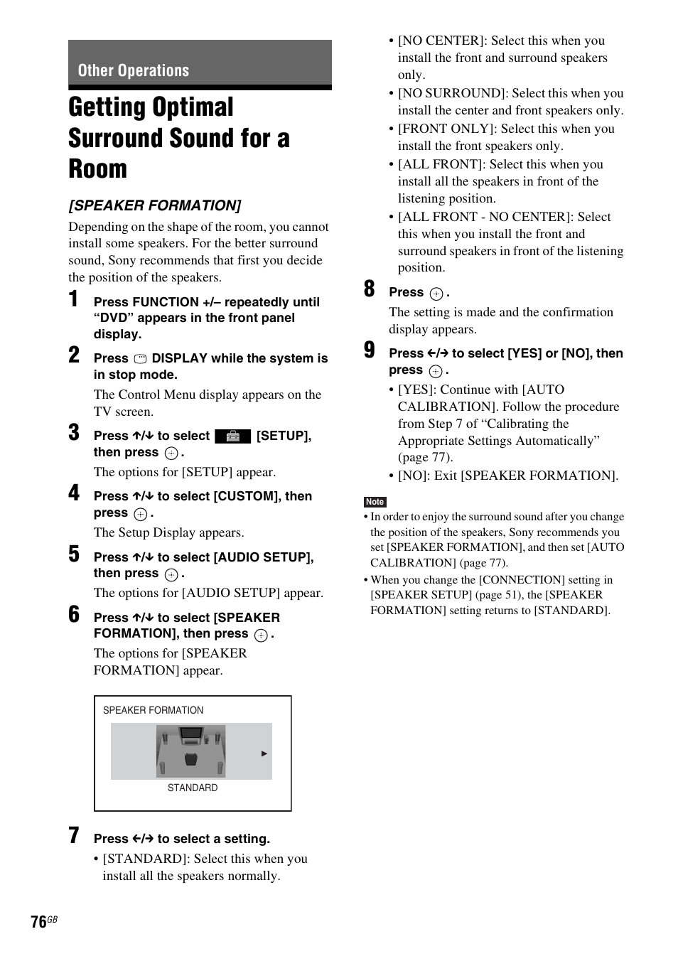 Other operations, Getting optimal surround sound for a room, Getting optimal surround sound for a | Room | Sony DAV-DZ360WA User Manual | Page 76 / 112