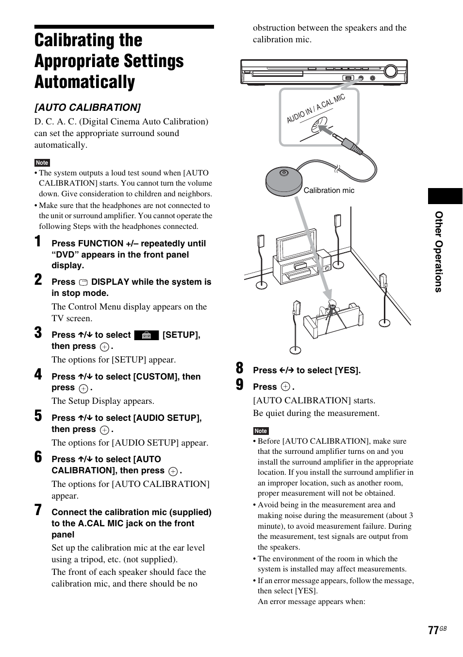 Calibrating the appropriate settings automatically, Calibrating the appropriate settings, Automatically | Sony DAV-DZ360WA User Manual | Page 77 / 112
