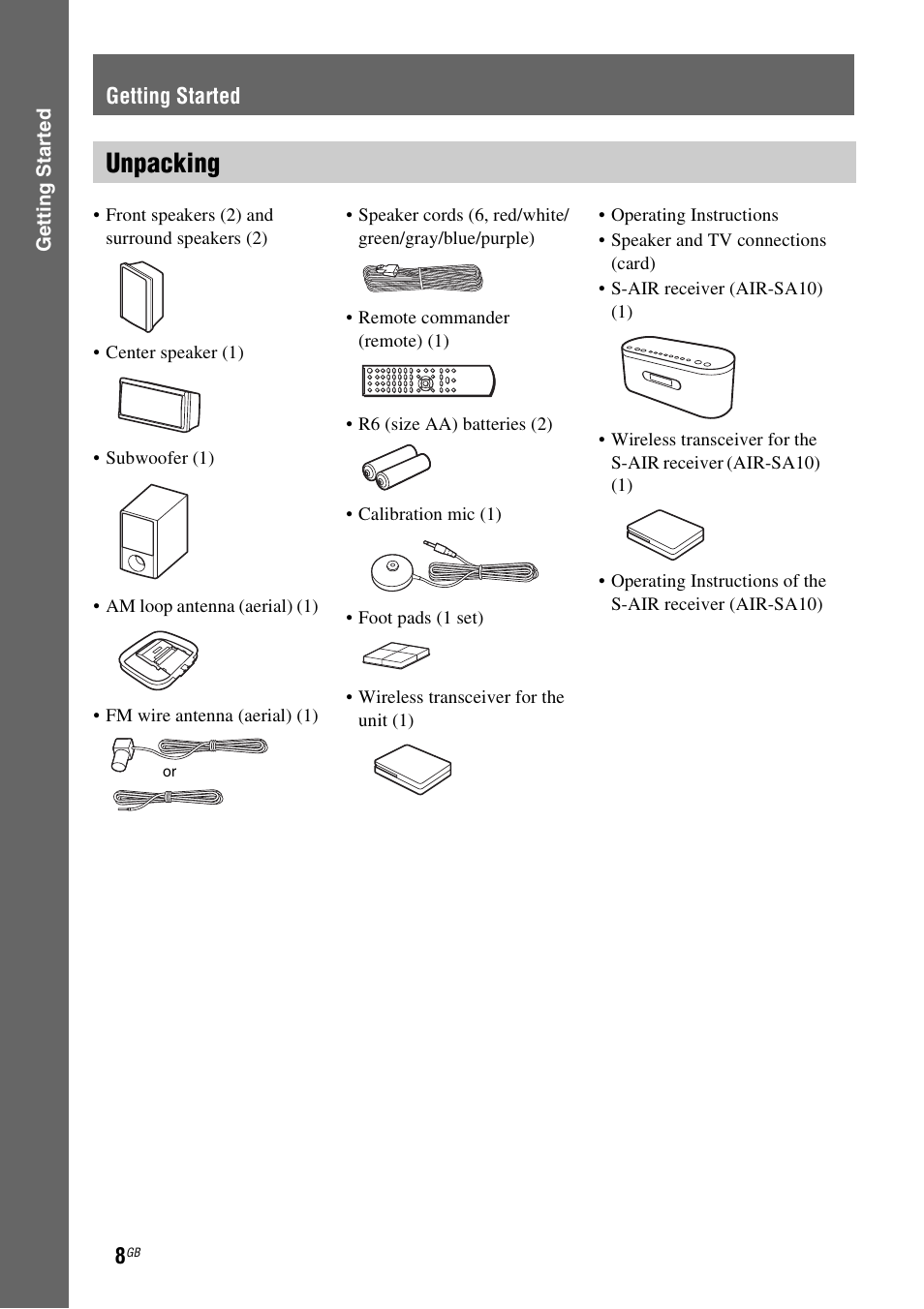 Getting started, Unpacking | Sony DAV-DZ360WA User Manual | Page 8 / 112