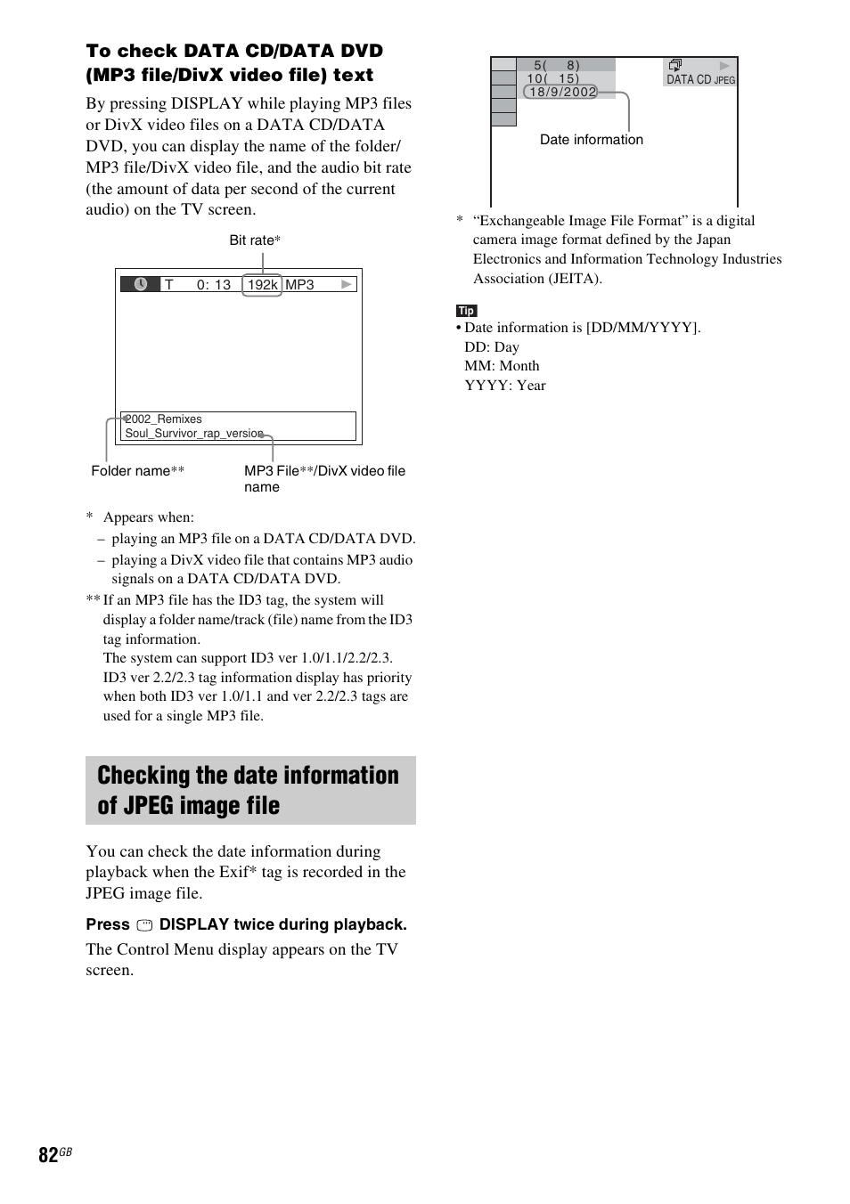 Checking the date information of jpeg image file | Sony DAV-DZ360WA User Manual | Page 82 / 112