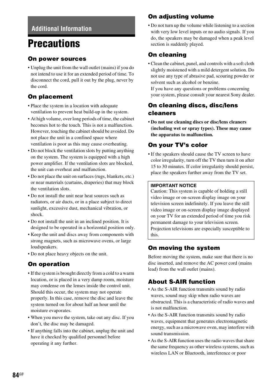 Additional information, Precautions | Sony DAV-DZ360WA User Manual | Page 84 / 112