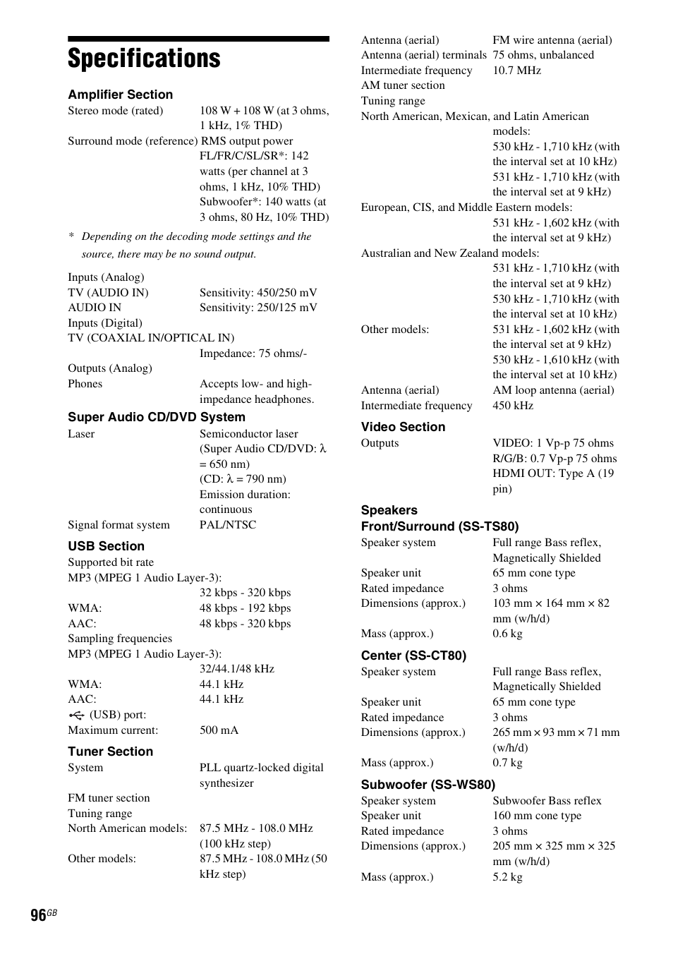 Specifications | Sony DAV-DZ360WA User Manual | Page 96 / 112