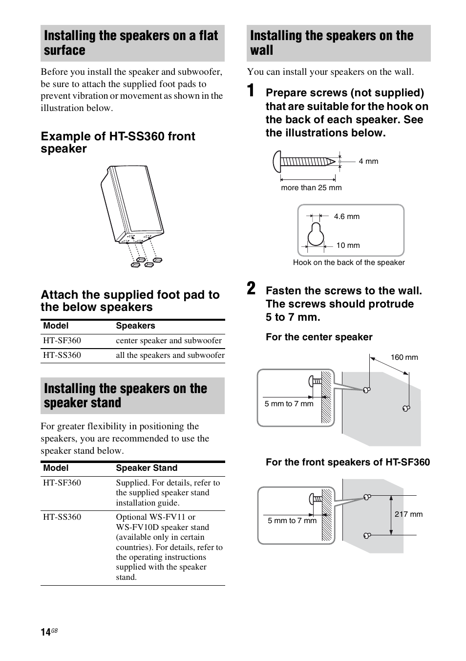Installing the speakers on a flat surface, Installing the speakers on the speaker stand, Installing the speakers on the wall | Sony 4-130-031-11(3) User Manual | Page 14 / 72