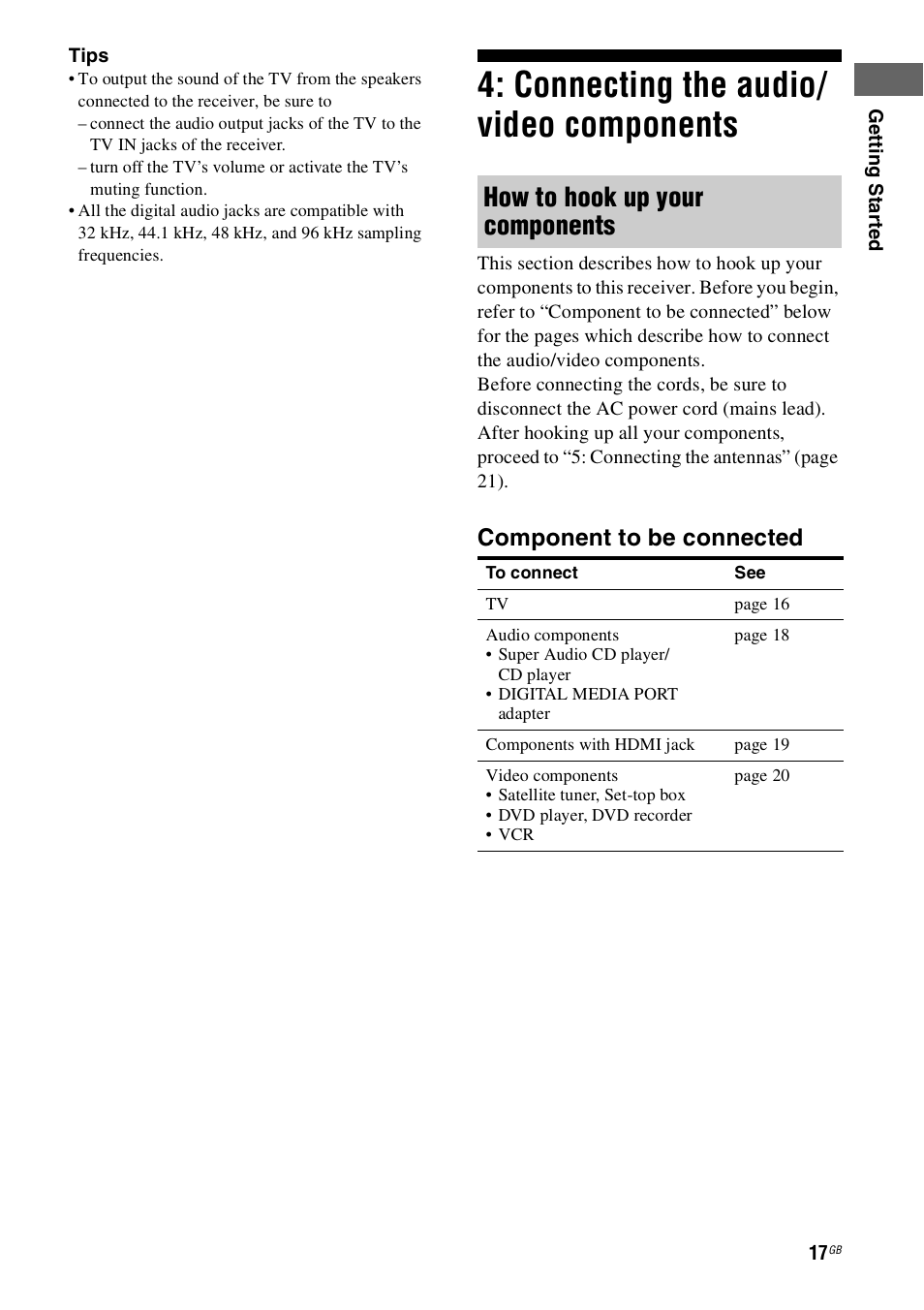 Connecting the audio/ video components, Connecting the audio/video components 17, How to hook up your components | Component to be connected | Sony 4-130-031-11(3) User Manual | Page 17 / 72
