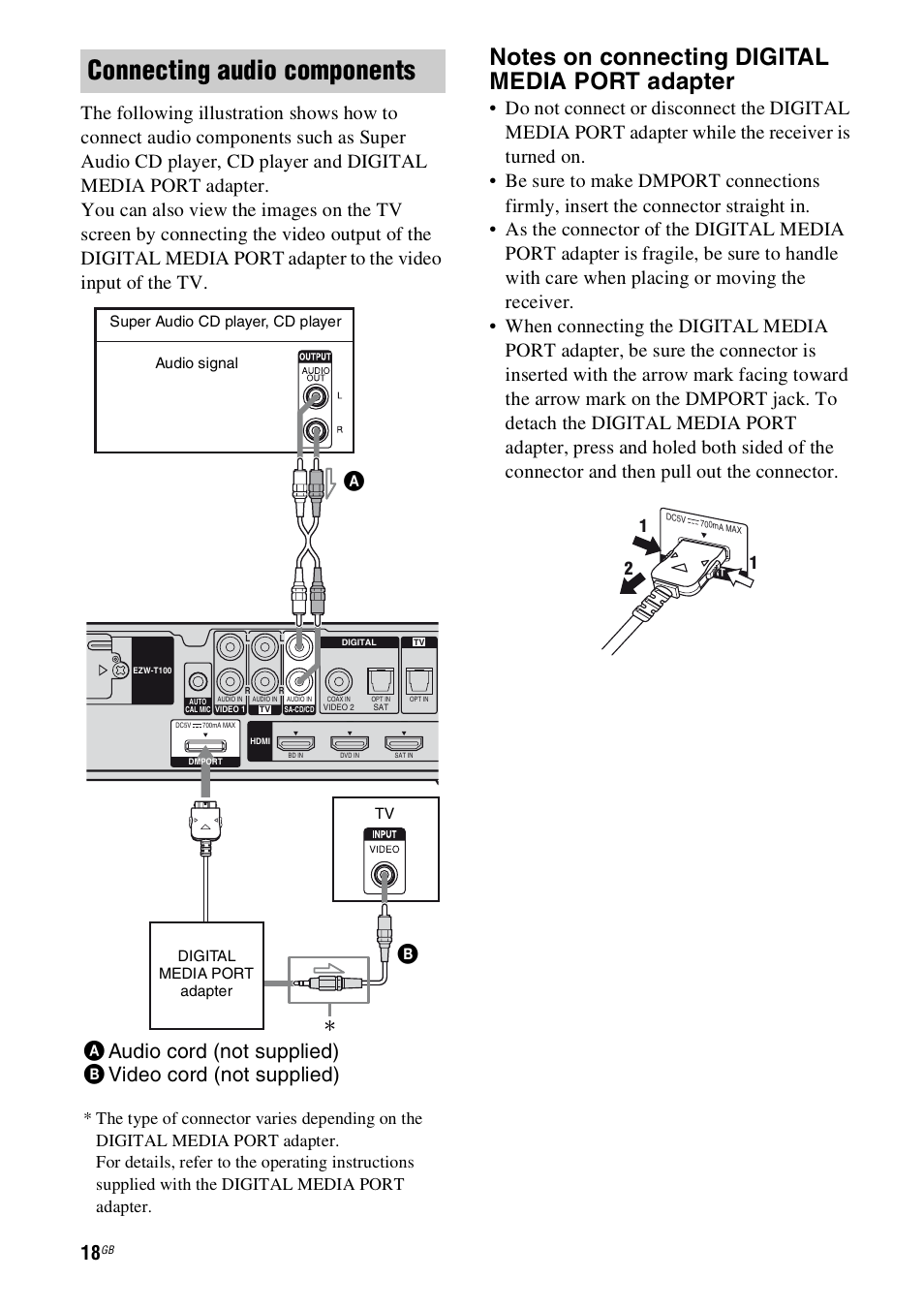 E 18, Connecting audio components | Sony 4-130-031-11(3) User Manual | Page 18 / 72