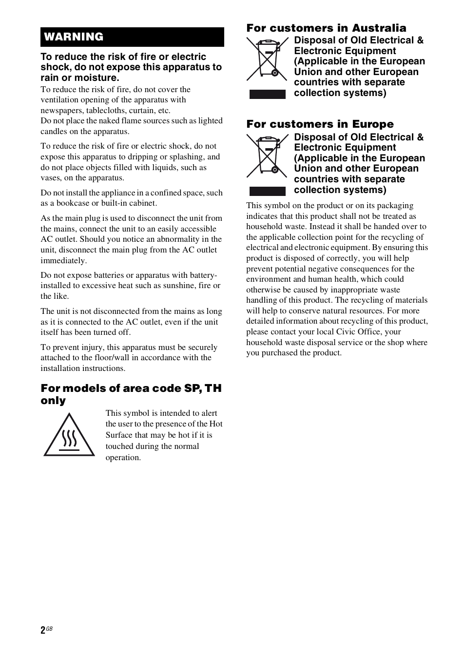For models of area code sp, th only, For customers in australia, For customers in europe | Warning | Sony 4-130-031-11(3) User Manual | Page 2 / 72