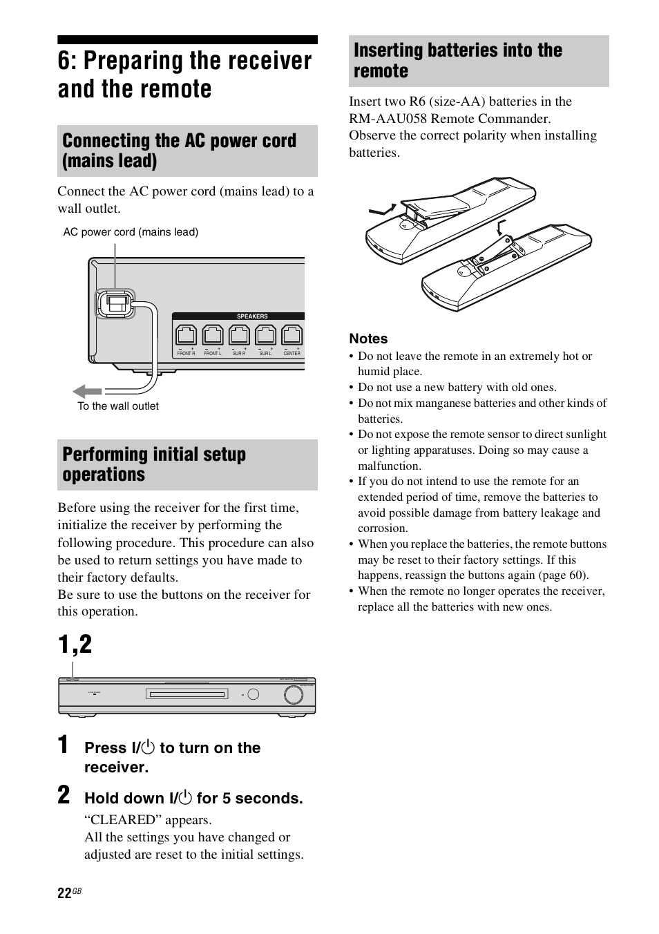 Preparing the receiver and the remote, E 22, Inserting batteries into the remote | Press ? / 1 to turn on the receiver, Hold down ? / 1 for 5 seconds | Sony 4-130-031-11(3) User Manual | Page 22 / 72