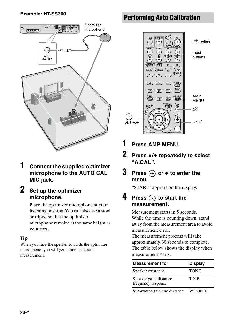 Performing auto calibration, Set up the optimizer microphone, Press amp menu | Press v / v repeatedly to select “a.cal, Press or b to enter the menu, Press to start the measurement, Example: ht-ss360, Start” appears on the display | Sony 4-130-031-11(3) User Manual | Page 24 / 72