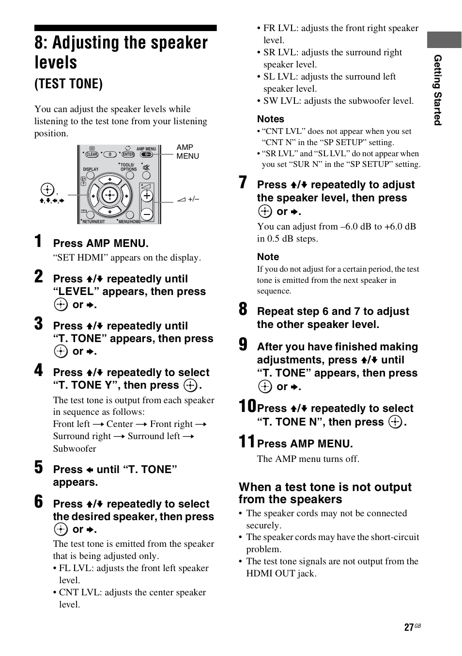 Adjusting the speaker levels (test tone), Adjusting the speaker levels, Test tone) | Sony 4-130-031-11(3) User Manual | Page 27 / 72
