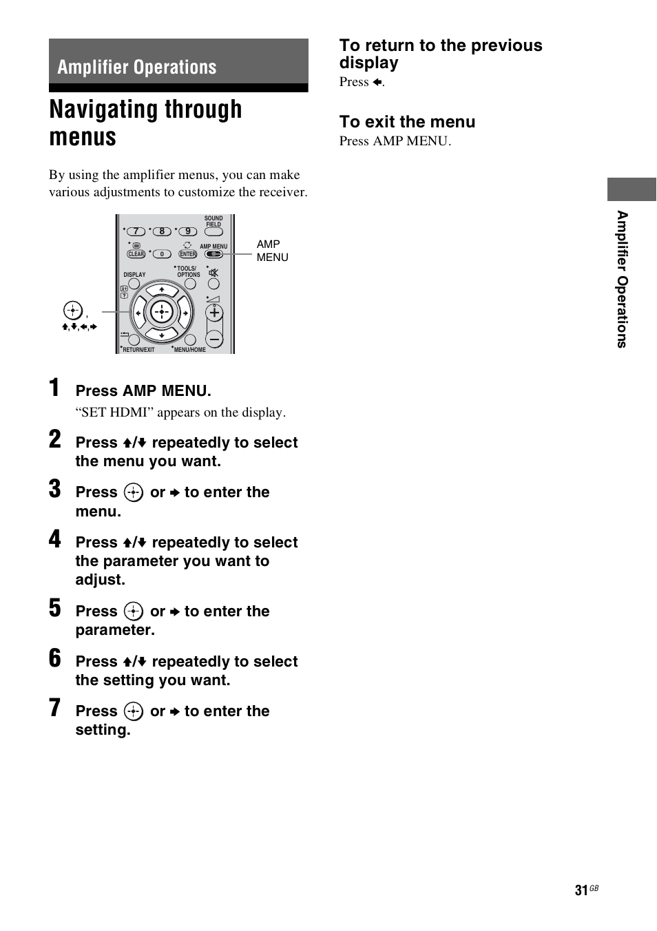 Amplifier operations, Navigating through menus | Sony 4-130-031-11(3) User Manual | Page 31 / 72