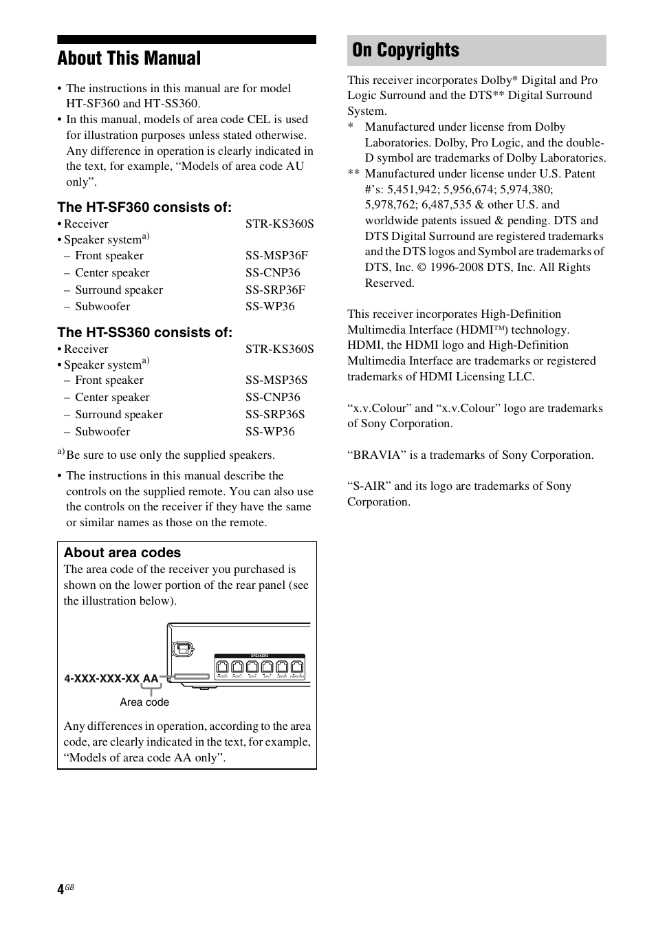 About this manual, On copyrights, The ht-sf360 consists of | The ht-ss360 consists of, About area codes | Sony 4-130-031-11(3) User Manual | Page 4 / 72