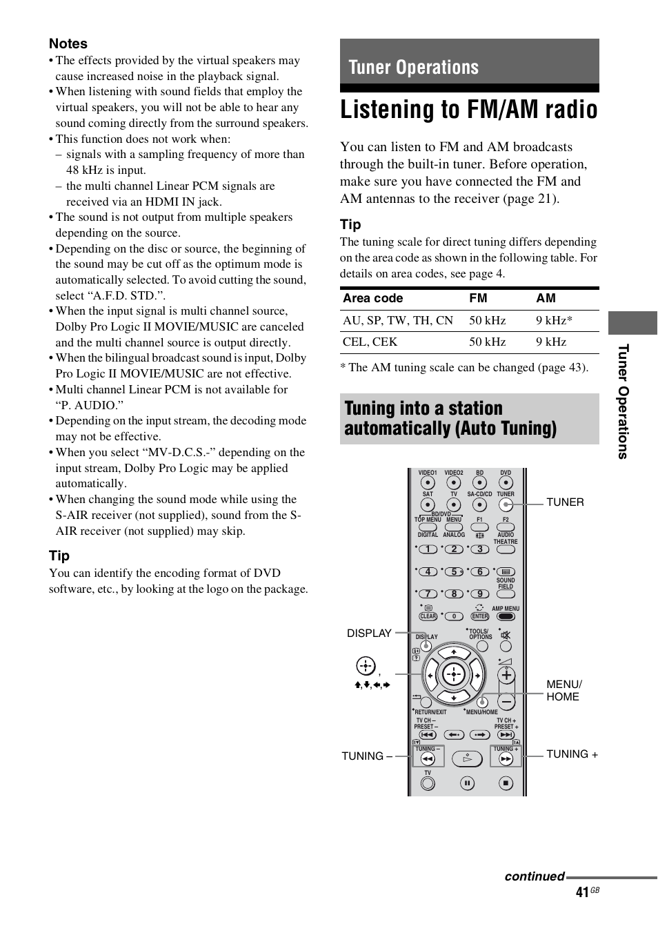 Tuner operations, Listening to fm/am radio, Tuning into a station automatically (auto tuning) | Sony 4-130-031-11(3) User Manual | Page 41 / 72