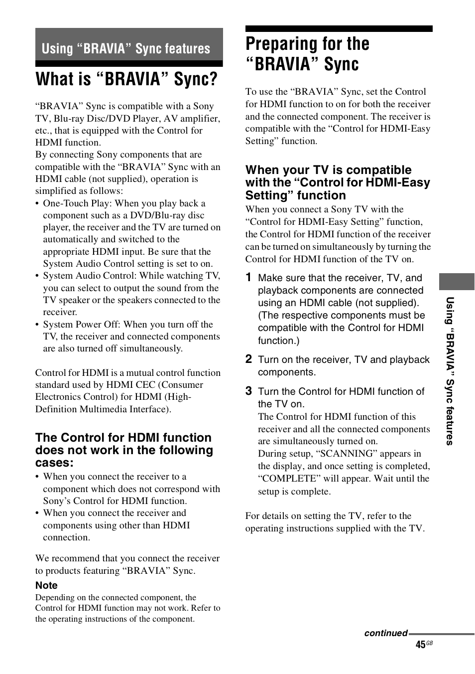 Using “bravia” sync features, What is “bravia” sync, Preparing for the “bravia” sync | Sony 4-130-031-11(3) User Manual | Page 45 / 72