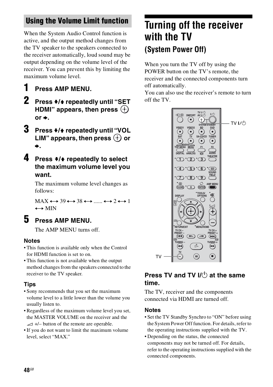 Turning off the receiver with the tv, System power off), Using the volume limit function | Press amp menu, Press tv and tv ? / 1 at the same time, Tips | Sony 4-130-031-11(3) User Manual | Page 48 / 72