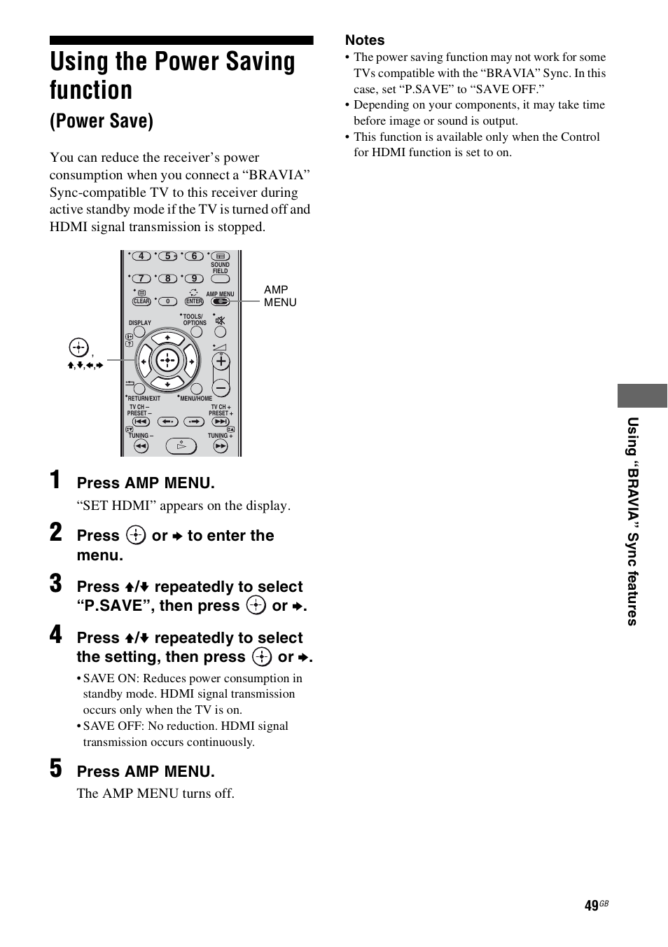 Using the power saving function (power save), Using the power saving function, Power save) | Press amp menu, Press, Or b to enter the menu, Or b | Sony 4-130-031-11(3) User Manual | Page 49 / 72