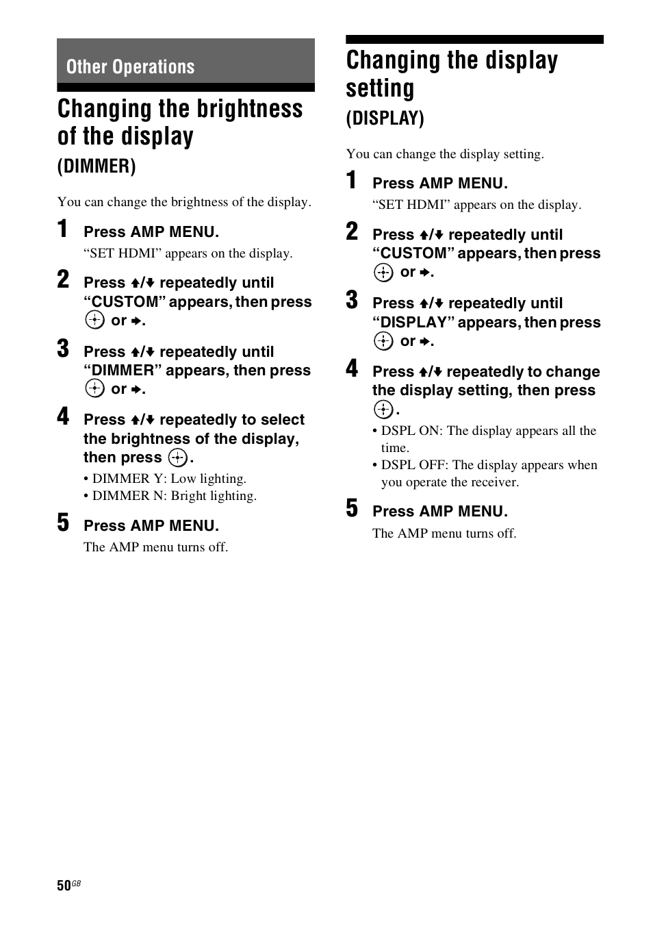 Other operations, Changing the brightness of the display (dimmer), Changing the display setting (display) | Changing the brightness of the display, Dimmer), Changing the display setting, Display) | Sony 4-130-031-11(3) User Manual | Page 50 / 72