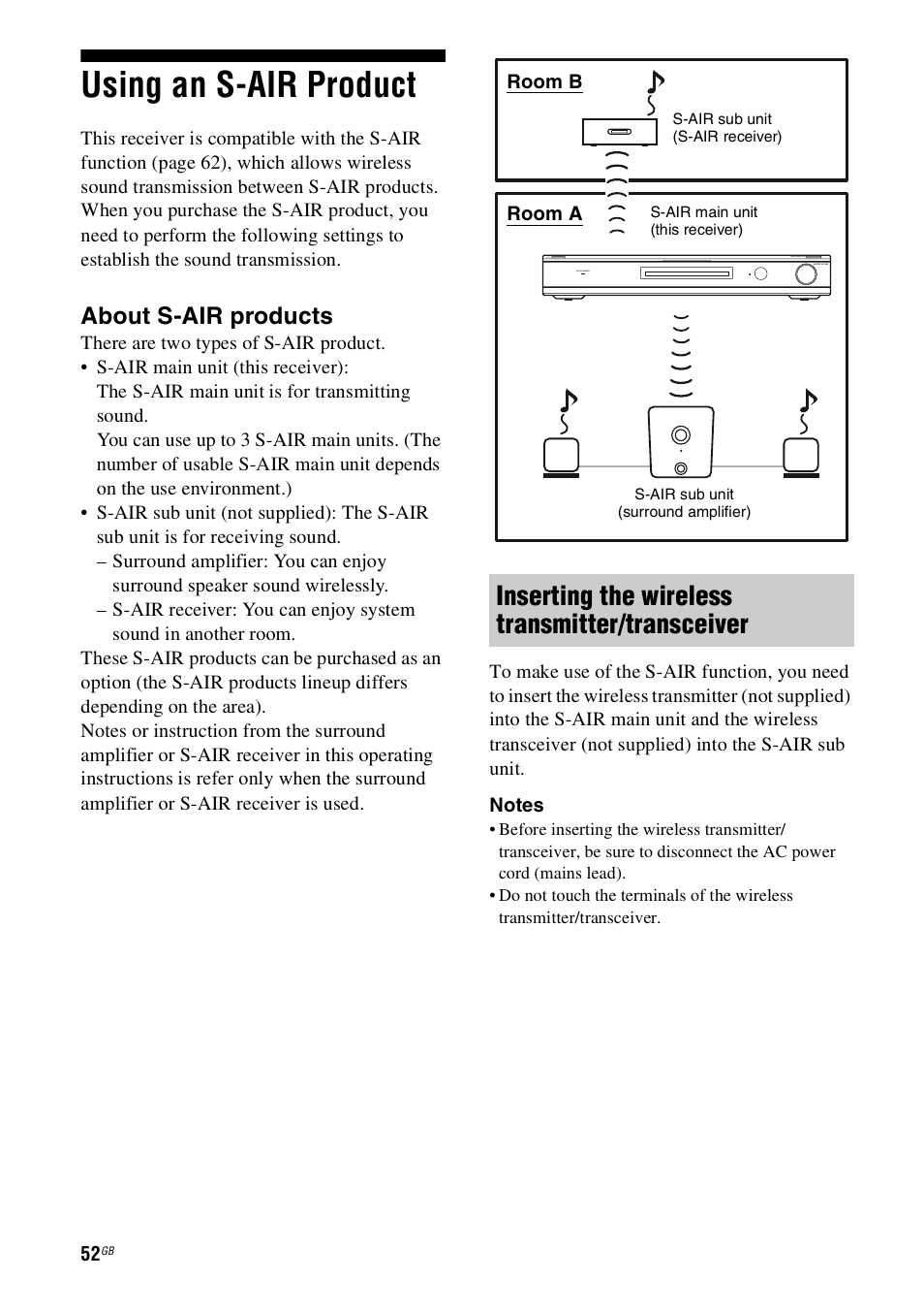 Using an s-air product, Inserting the wireless transmitter/transceiver, About s-air products | Sony 4-130-031-11(3) User Manual | Page 52 / 72