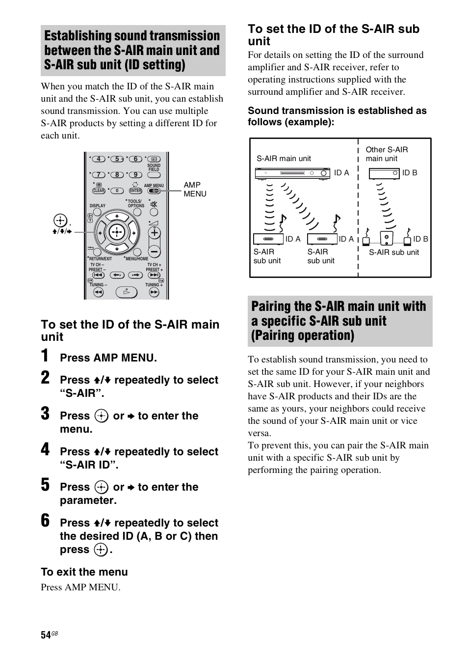 Press amp menu, Press v / v repeatedly to select “s-air, Press or b to enter the menu | Press v / v repeatedly to select “s-air id, Press or b to enter the parameter | Sony 4-130-031-11(3) User Manual | Page 54 / 72