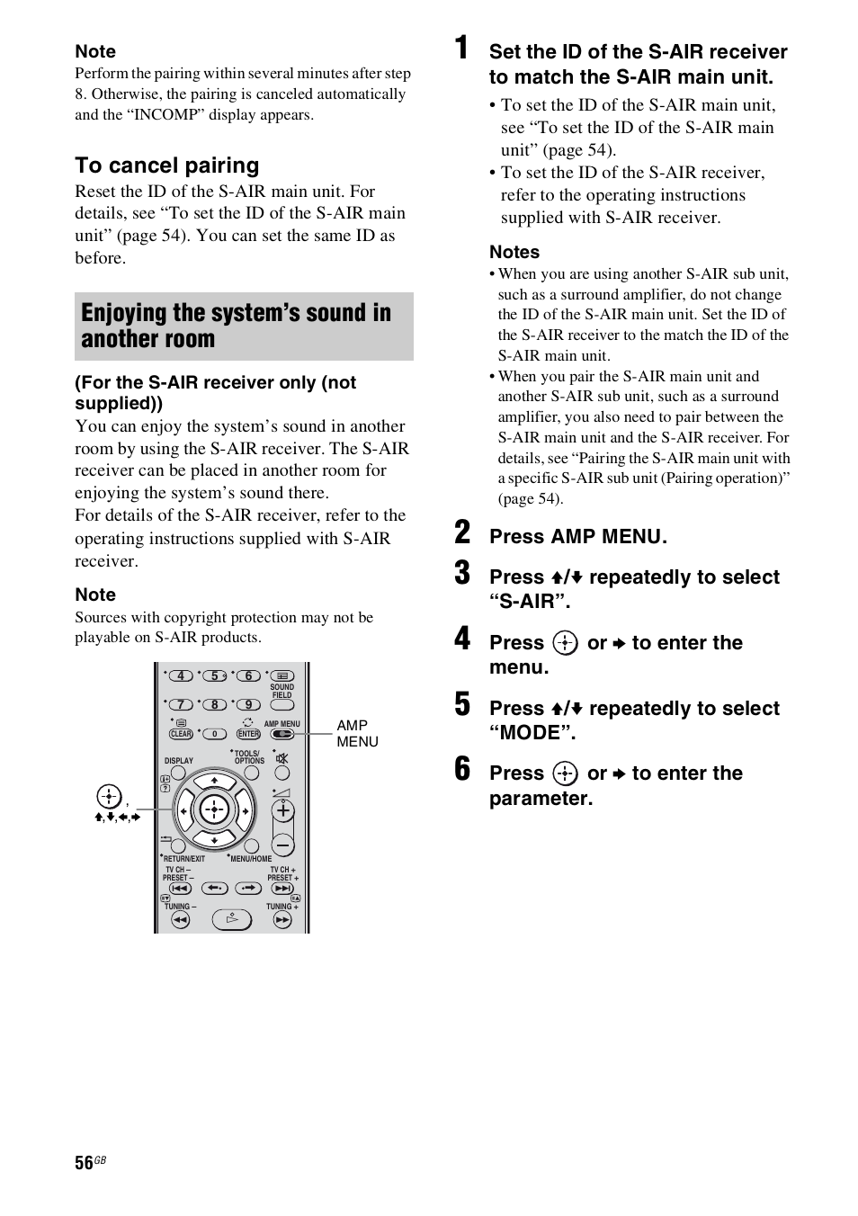 Enjoying the system’s sound in another room, Press amp menu, Press v / v repeatedly to select “s-air | Press or b to enter the menu, Press v / v repeatedly to select “mode, Press or b to enter the parameter | Sony 4-130-031-11(3) User Manual | Page 56 / 72