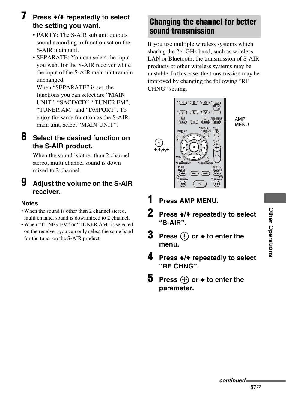 Changing the channel for better sound transmission, Select the desired function on the s-air product, Adjust the volume on the s-air receiver | Press amp menu, Press v / v repeatedly to select “s-air, Press or b to enter the menu, Press v / v repeatedly to select “rf chng, Press or b to enter the parameter | Sony 4-130-031-11(3) User Manual | Page 57 / 72