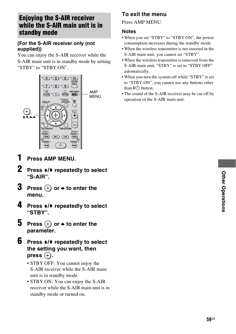 Press amp menu, Press v / v repeatedly to select “s-air, Press or b to enter the menu | Press v / v repeatedly to select “stby, Press or b to enter the parameter | Sony 4-130-031-11(3) User Manual | Page 59 / 72