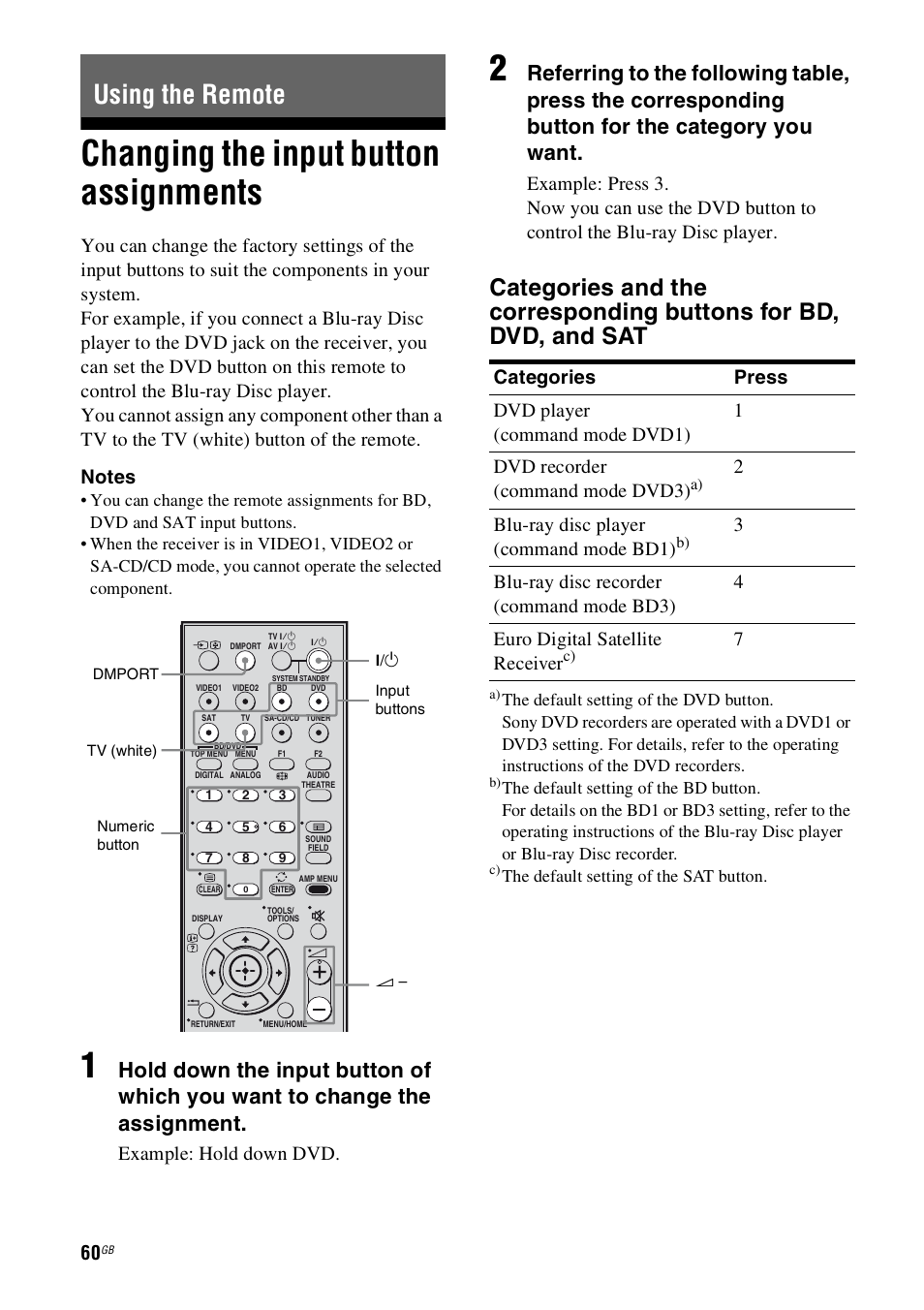 Using the remote, Changing the input button assignments, Example: hold down dvd | 2blu-ray disc player (command mode bd1) | Sony 4-130-031-11(3) User Manual | Page 60 / 72