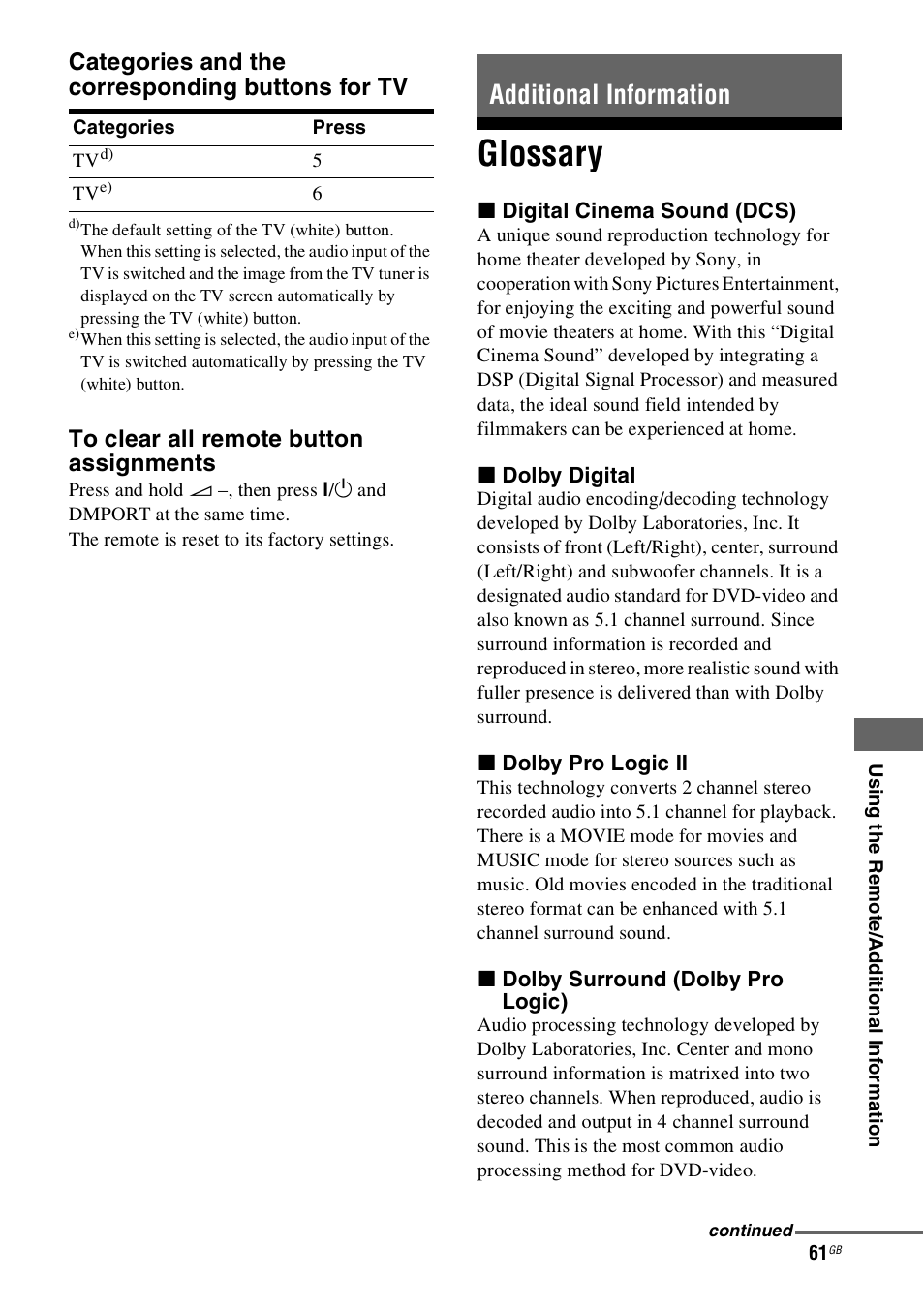 Additional information, Glossary | Sony 4-130-031-11(3) User Manual | Page 61 / 72