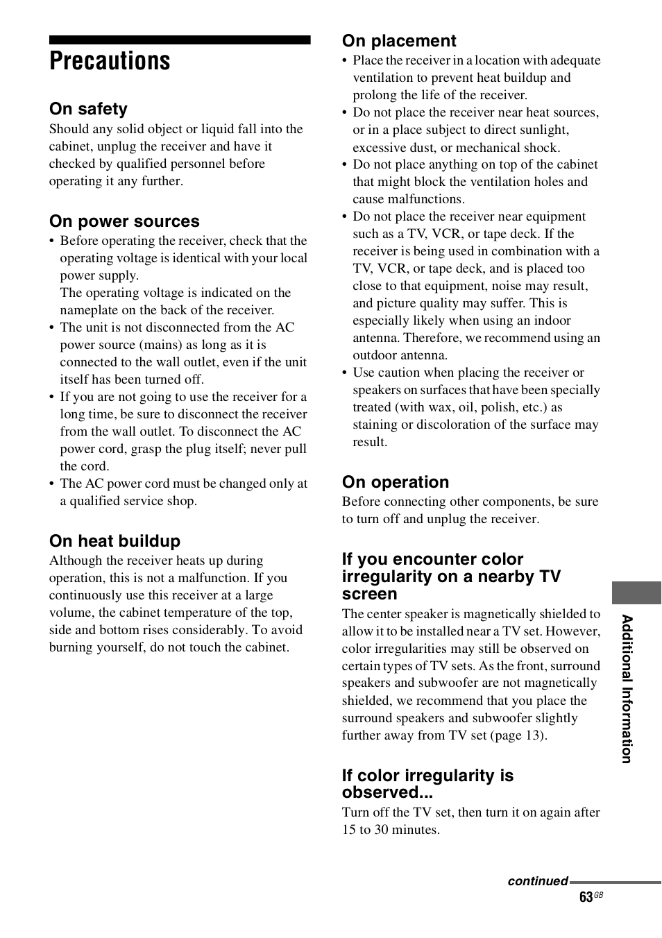 Precautions | Sony 4-130-031-11(3) User Manual | Page 63 / 72