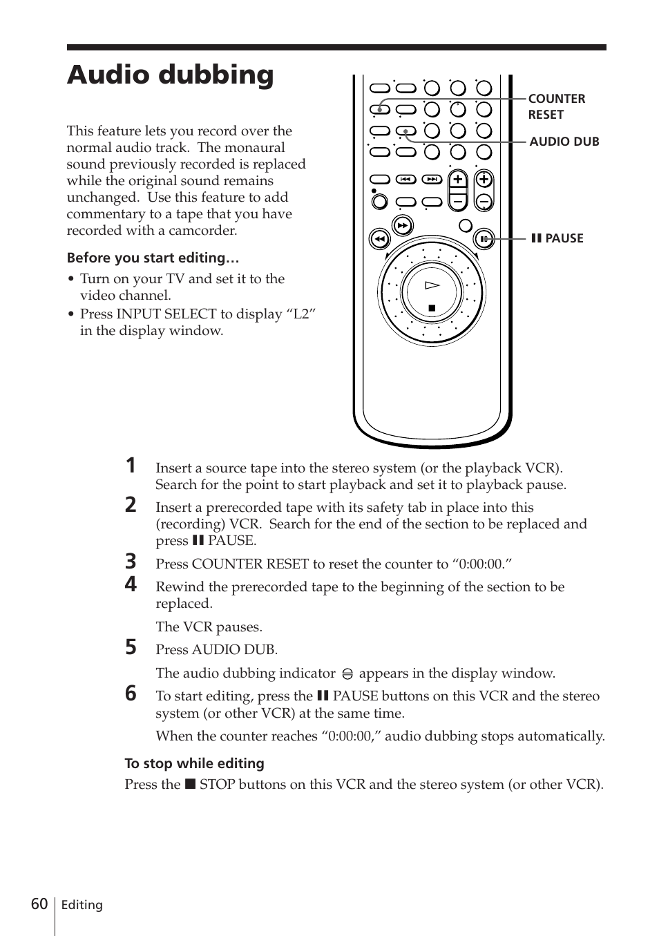 Audio dubbing | Sony SLV-E580EG User Manual | Page 60 / 72