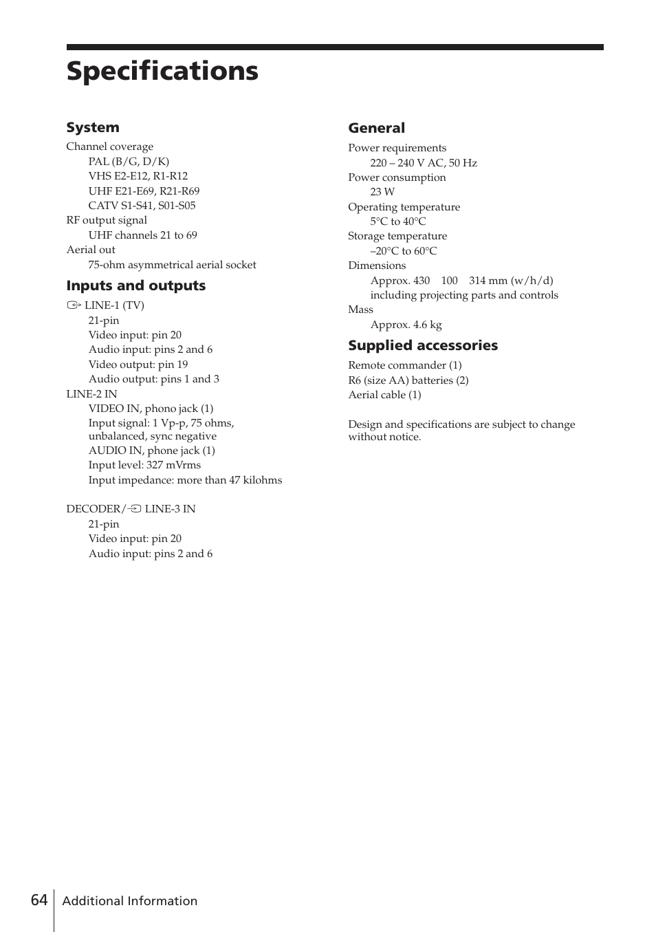 Specifications, System, Inputs and outputs | General, Supplied accessories | Sony SLV-E580EG User Manual | Page 64 / 72