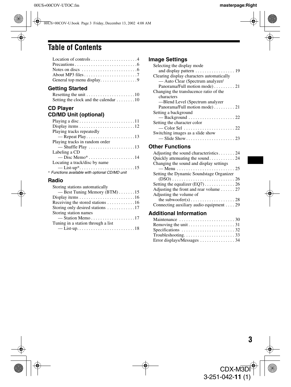 Sony CDX-M3DI User Manual | Page 3 / 36