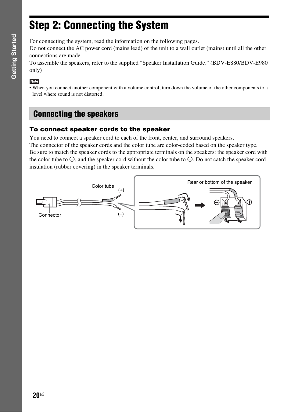 Step 2: connecting the system, Connecting the speakers, E 20) | Sony BDVE580 User Manual | Page 20 / 80