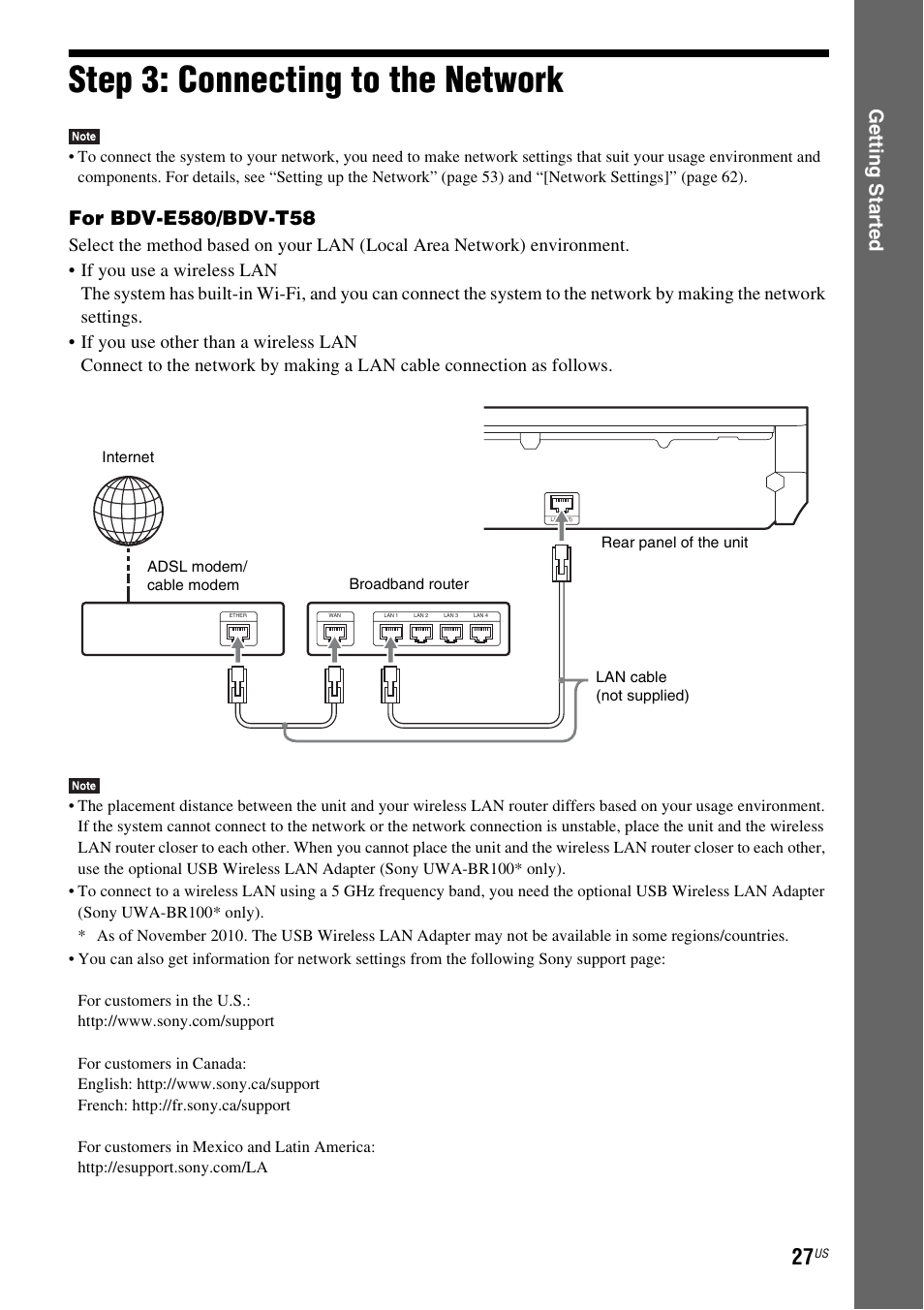Step 3: connecting to the network, Step 3: connecting to the, Network | E 27), Ge tting star te d | Sony BDVE580 User Manual | Page 27 / 80