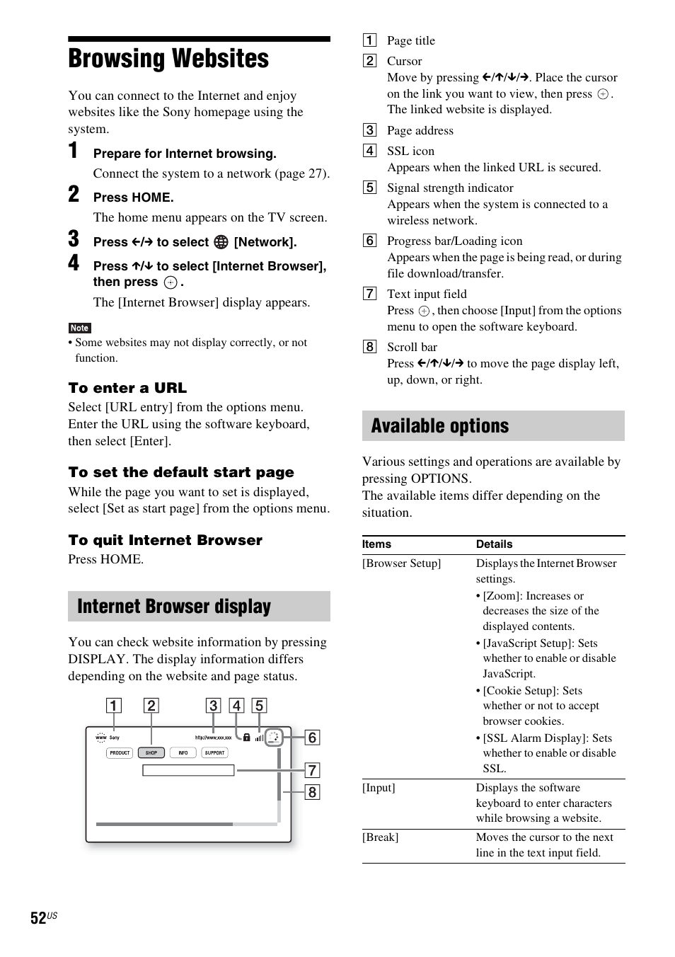 Browsing websites, Internet browser display, Available options | Internet browser display available options | Sony BDVE580 User Manual | Page 52 / 80