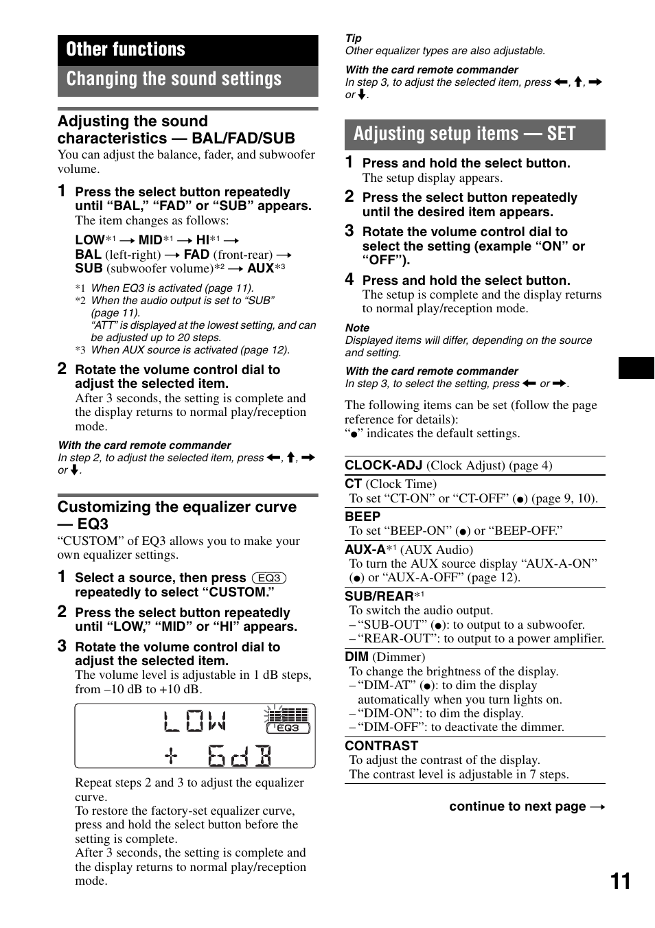 Other functions, Changing the sound settings, Adjusting the sound characteristics - bal/fad/sub | Customizing the equalizer curve - eq3, Adjusting setup items - set, Adjusting the sound characteristics, Bal/fad/sub customizing the equalizer curve, Adjusting setup items — set, Other functions changing the sound settings, Adjusting the sound characteristics — bal/fad/sub | Sony CDX-GT300S User Manual | Page 11 / 100