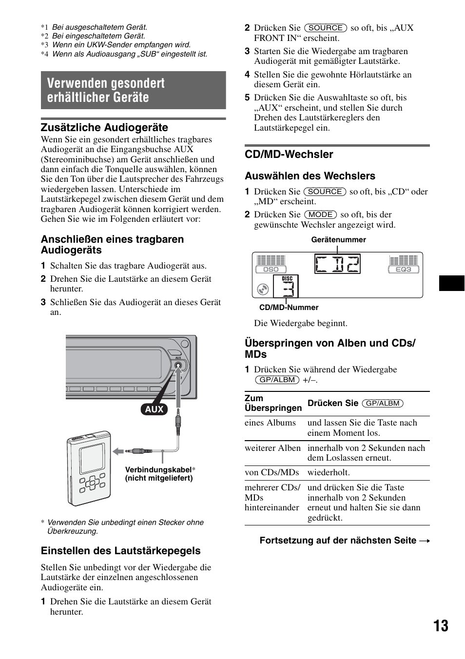 Verwenden gesondert erhältlicher geräte, Zusätzliche audiogeräte, Cd/md-wechsler | Zusätzliche audiogeräte cd/md-wechsler, Seite 13), F seite 13, Seite 13 | Sony CDX-GT300S User Manual | Page 31 / 100