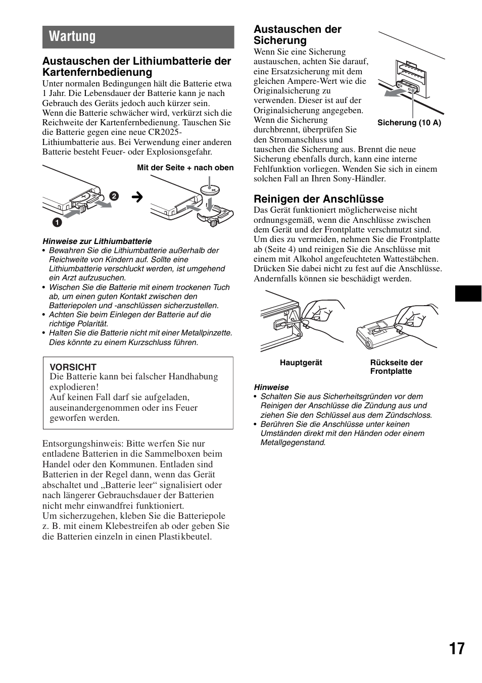 Wartung | Sony CDX-GT300S User Manual | Page 35 / 100