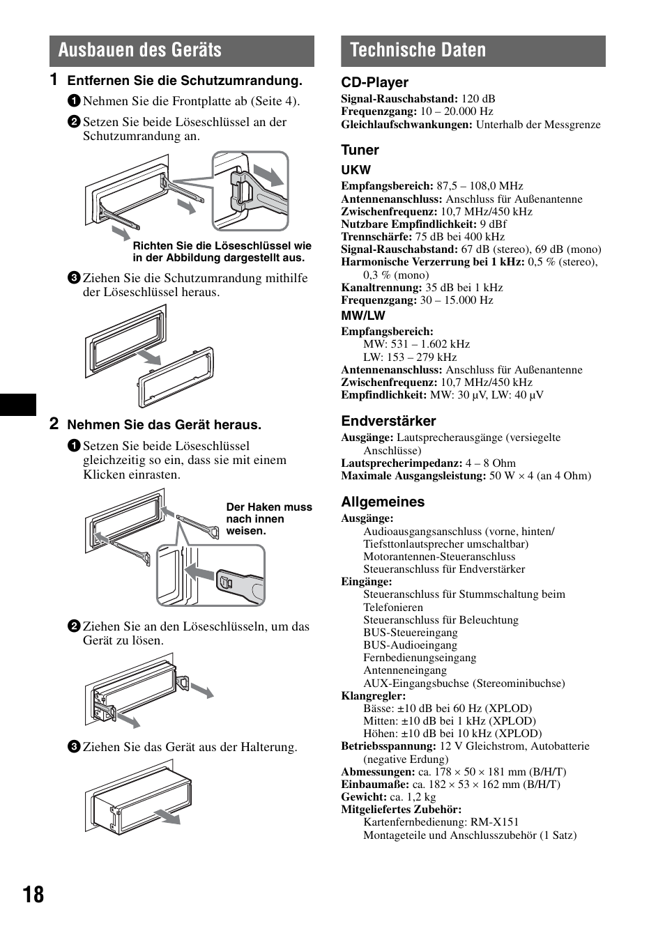 Ausbauen des geräts, Technische daten, Ausbauen des geräts technische daten | Sony CDX-GT300S User Manual | Page 36 / 100