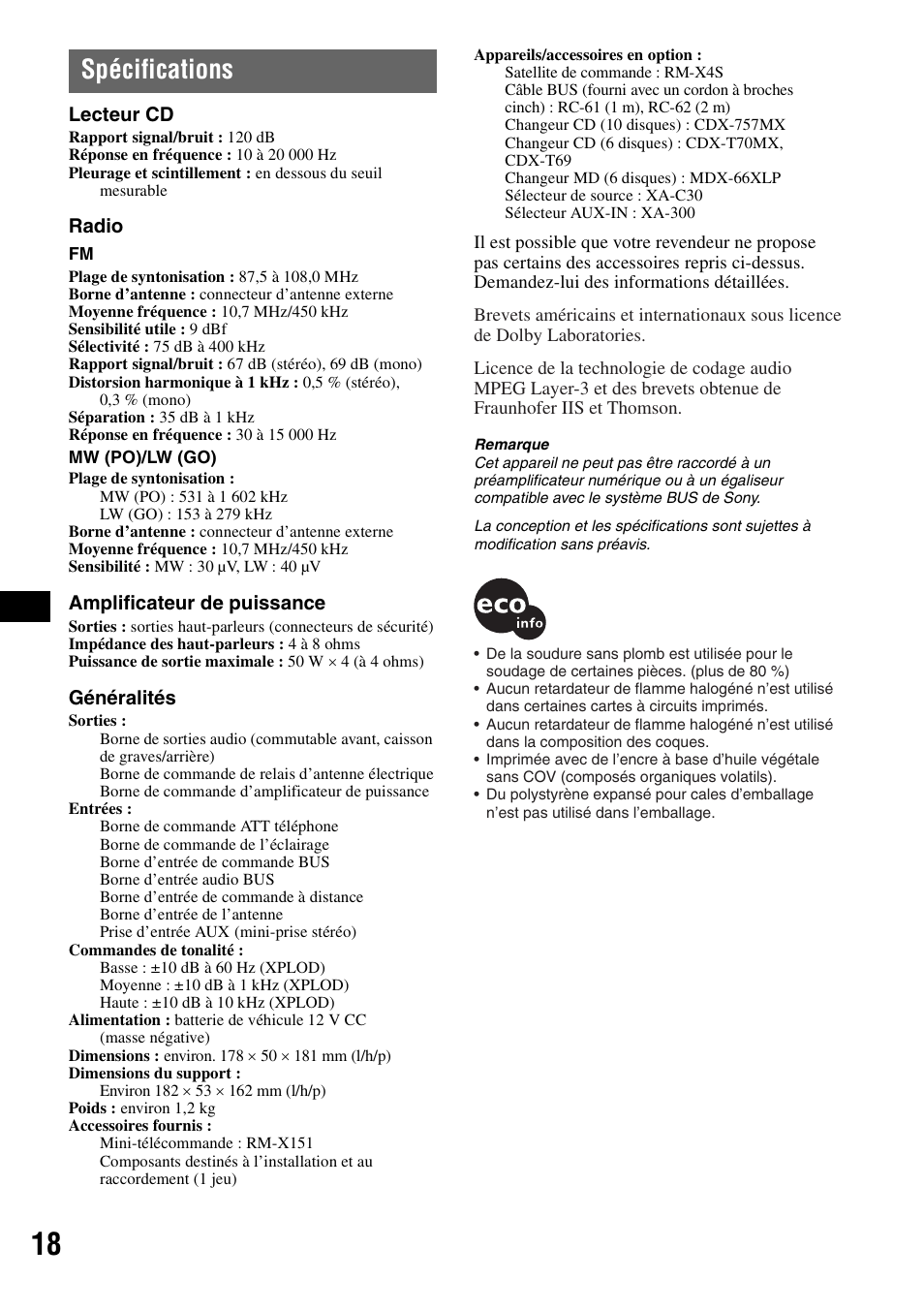 Spécifications | Sony CDX-GT300S User Manual | Page 56 / 100