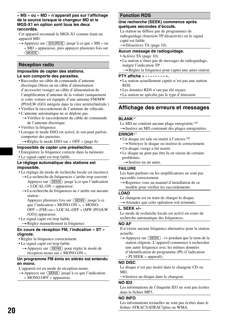 Affichage des erreurs et messages | Sony CDX-GT300S User Manual | Page 58 / 100