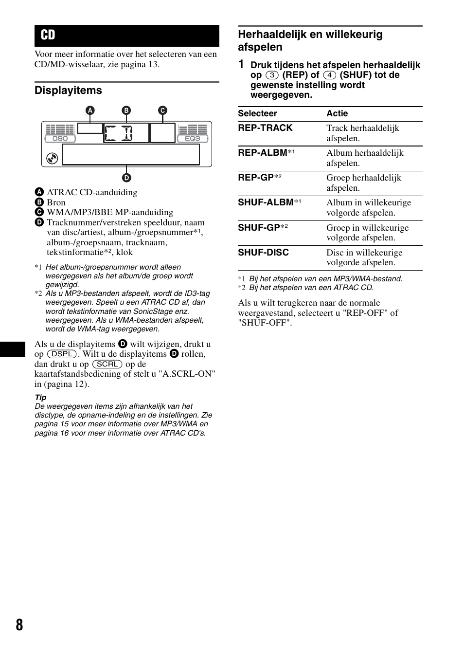Displayitems, Herhaaldelijk en willekeurig afspelen, Displayitems herhaaldelijk en willekeurig afspelen | Ep 8 | Sony CDX-GT300S User Manual | Page 86 / 100