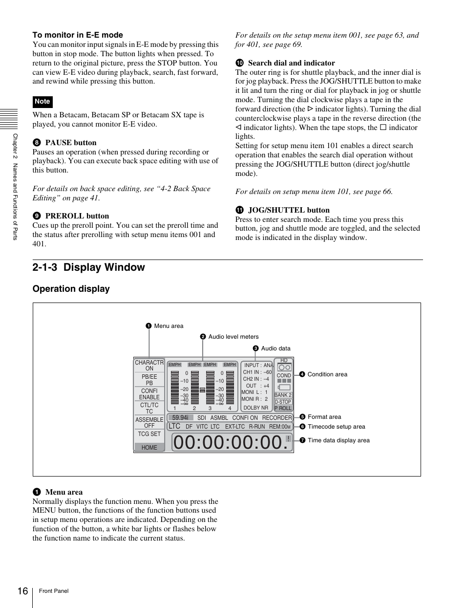 1-3 display window, Display window, Operation display | Sony HDW-S280 User Manual | Page 16 / 94